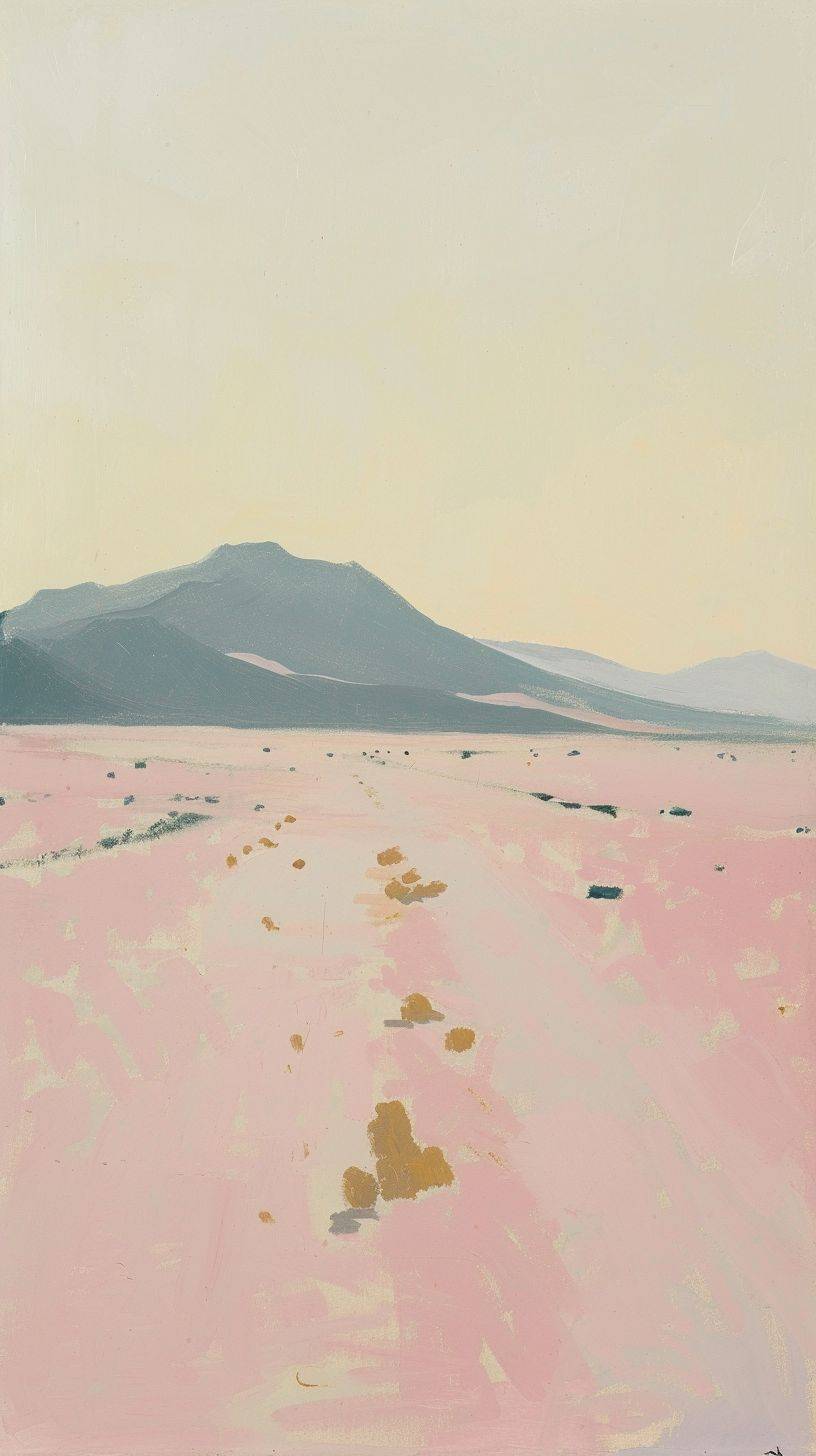 砂漠の中のサボテンの列、淡いピンク色、荒い絵画、フェアフィールド・ポーターによるシンプルな広い筆使い。