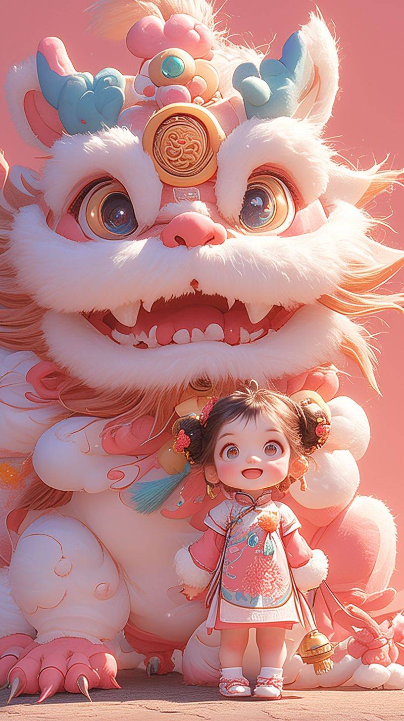 Pixarのアニメーションスタイル、中国の新年、ピンクの背景、マシュマロ素材で製作された、大きな青とピンクの中国の竜、大きな笑顔、尾は雲のようで、頭にはカラフルな雲がある、伝統的な中国服を着たとてもかわいい少女が隣に立っている、強い光効果