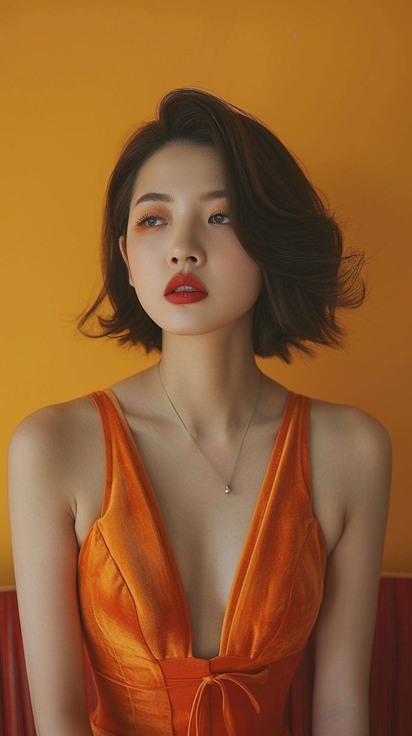 Magazine cover, studio photograph of a gorgeous Chinese model with short straight hair, in a fancy low cut dress. The camera angle is low and dramatic. The colors are orange, red, and yellow.