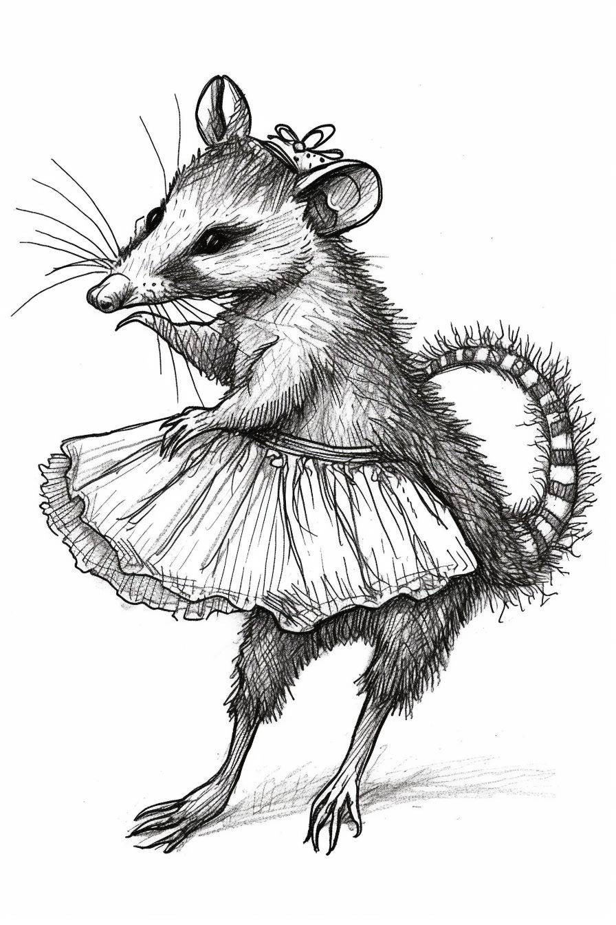 an opossum twirling in a tutu, cartoony, illustration, pen and ink sketch