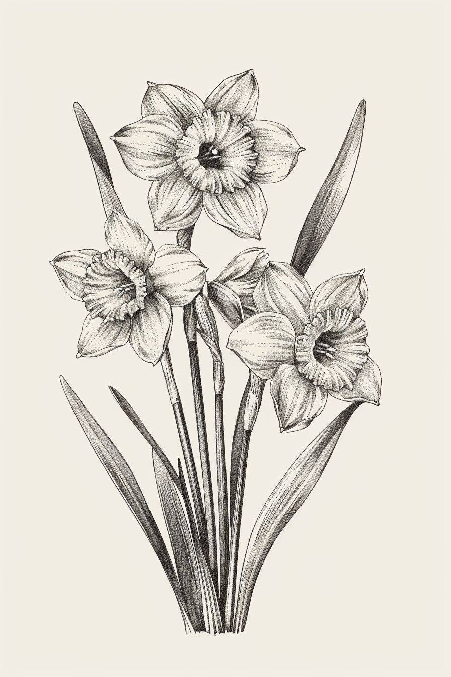 Illustrations of narcissus flower in the style of Victorian-inspired illustrations, vintage, the Bechers' typologies, nineteenth-century French realism, outline, 500-1000 CE, rustic charm --style raw --aspect ratio 2:3 --version 6