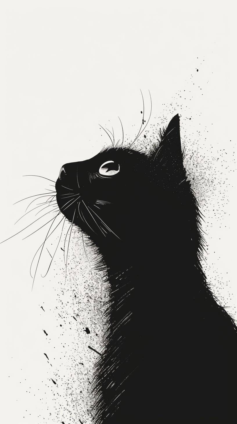 cute cat, only the head of a black cat jumping from sideway. Infuse a touch of craziness and uniqueness to craft a humorous graphic for adults that will captivate everyone, minimalist drawing, simple design for a tshirt --ar 9:16 --v 6 --stylize 250