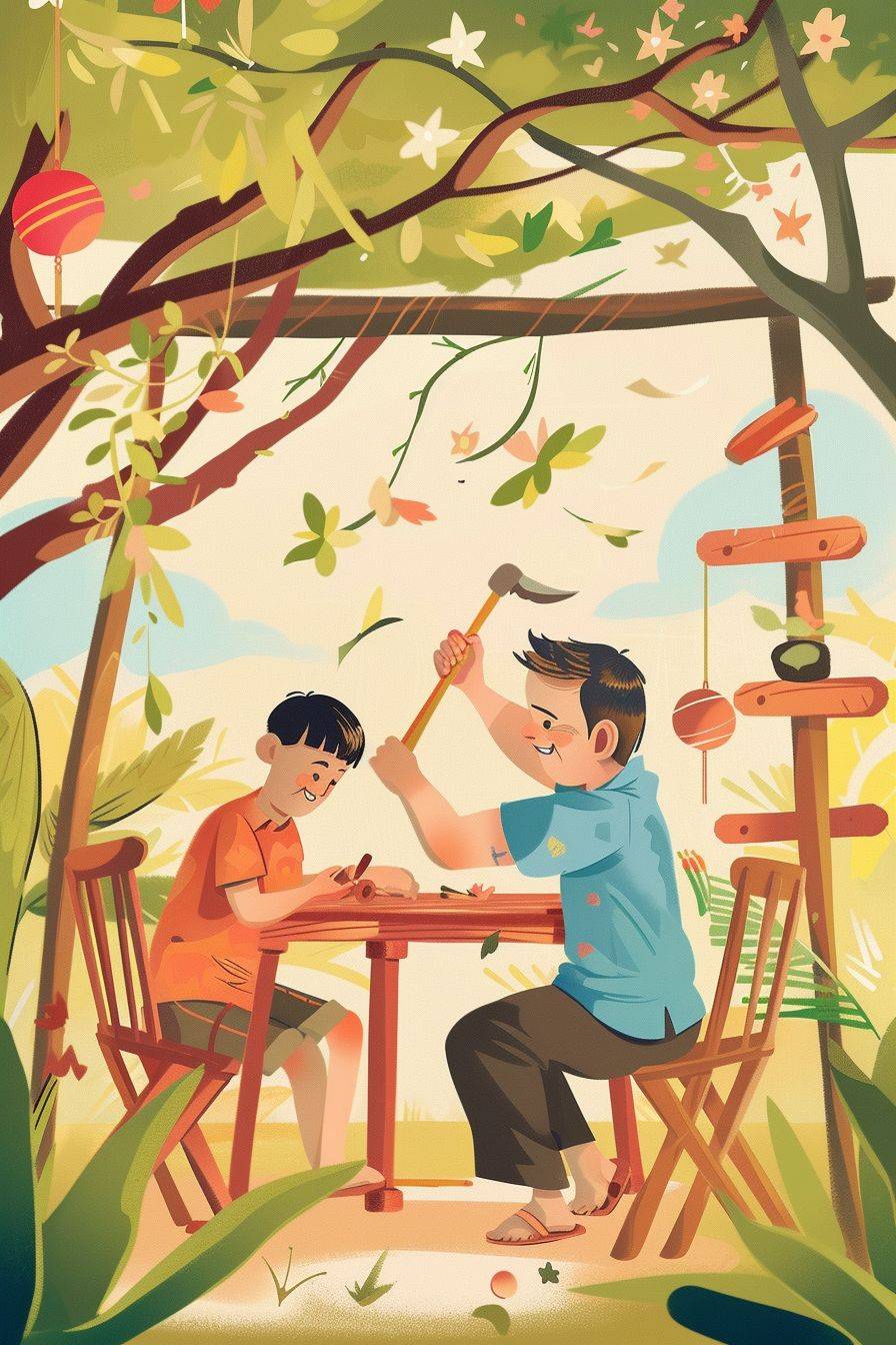 ヴィンテージイラスト、ノスタルジック、幸せなアジアのお父さんと息子が家の庭で小さな創造的な構造を作る、ハンマー、はさみ、おもちゃ、ボール、椅子、木々、花々