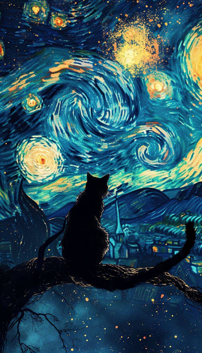 Silhouette of a cat on tree branch in Van Gogh's Starry Night