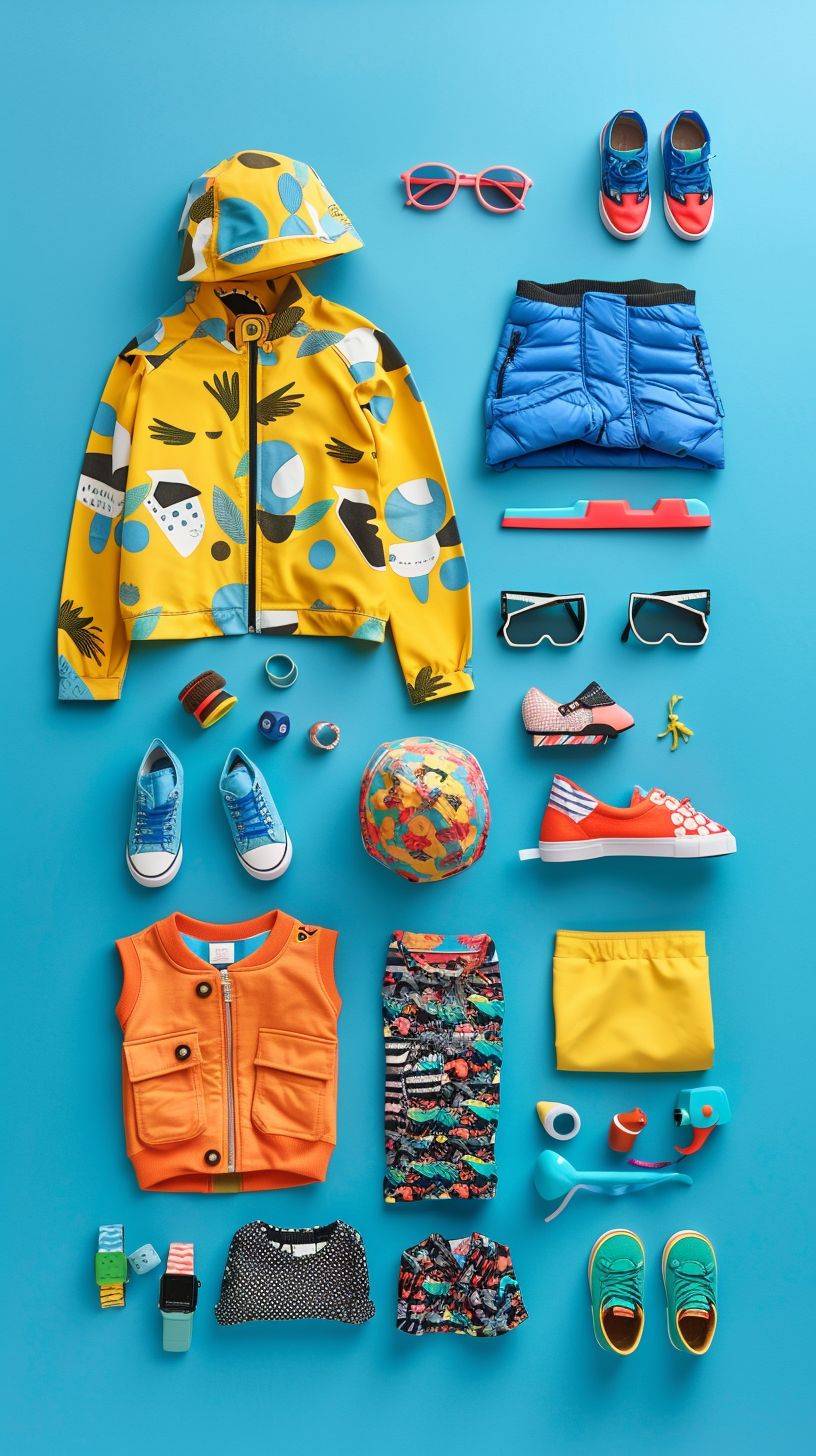 A top-down view of clothing and accessories for a lifestyle brand for urban kids ages 4-10 years old. It should have bright colors and fun patterns.
