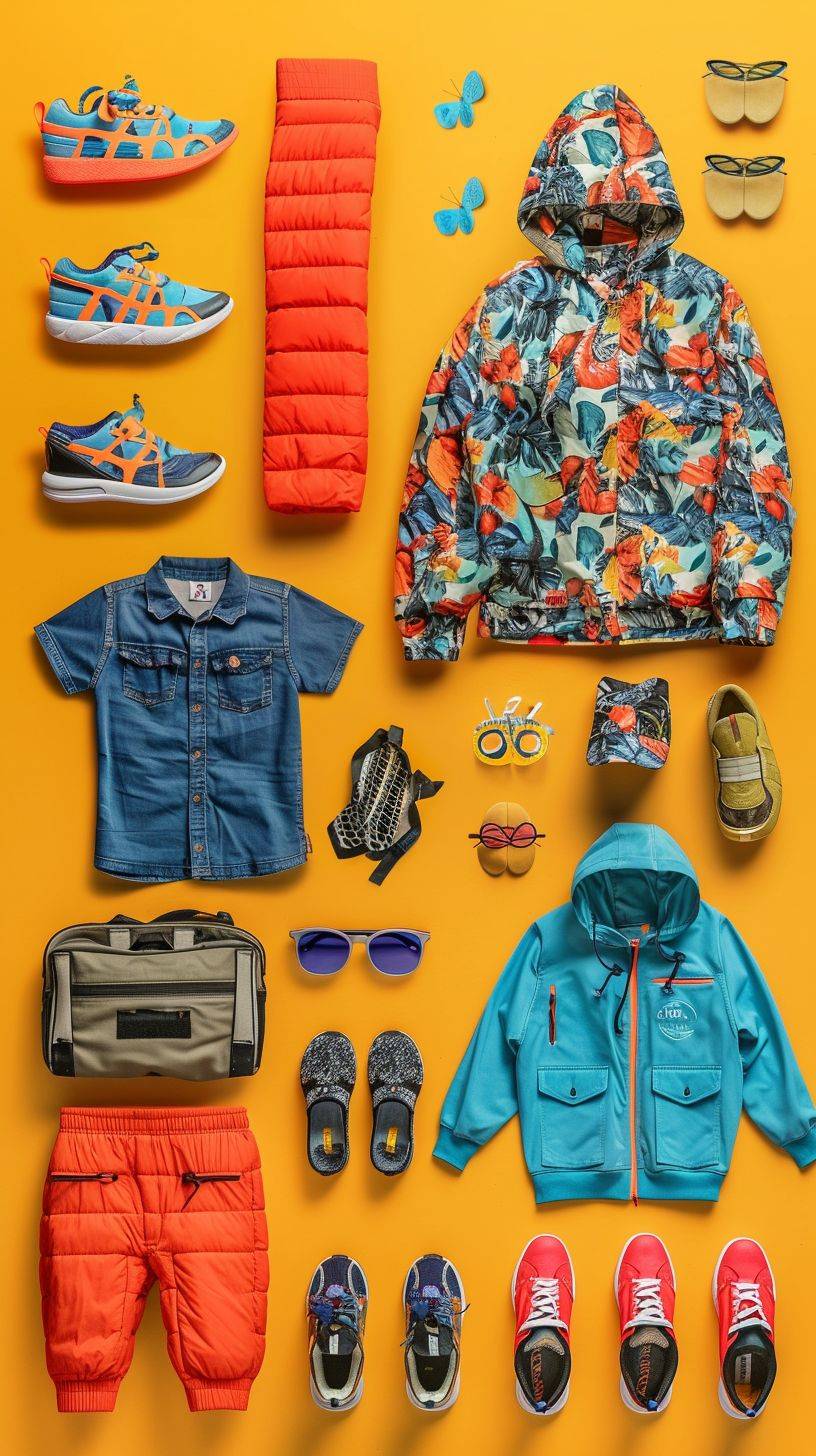 A top-down view of clothing and accessories for a lifestyle brand for urban kids ages 4-10 years old. It should have bright colors and fun patterns.