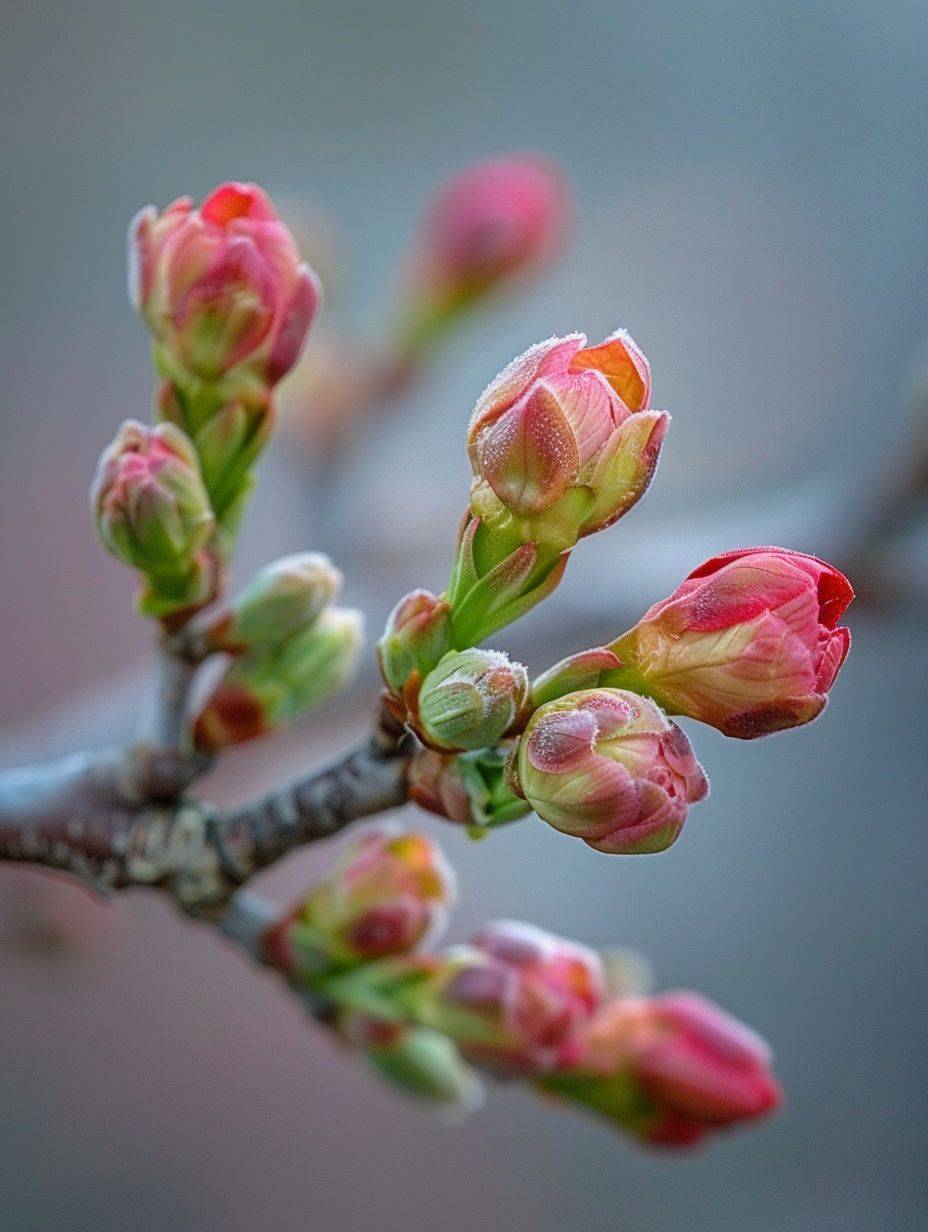 As spring arrives during the Rain Water solar term, the buds on tree branches slowly unfurl into beautiful blossoms, captured in high definition with a Canon camera to accentuate their delicate details.