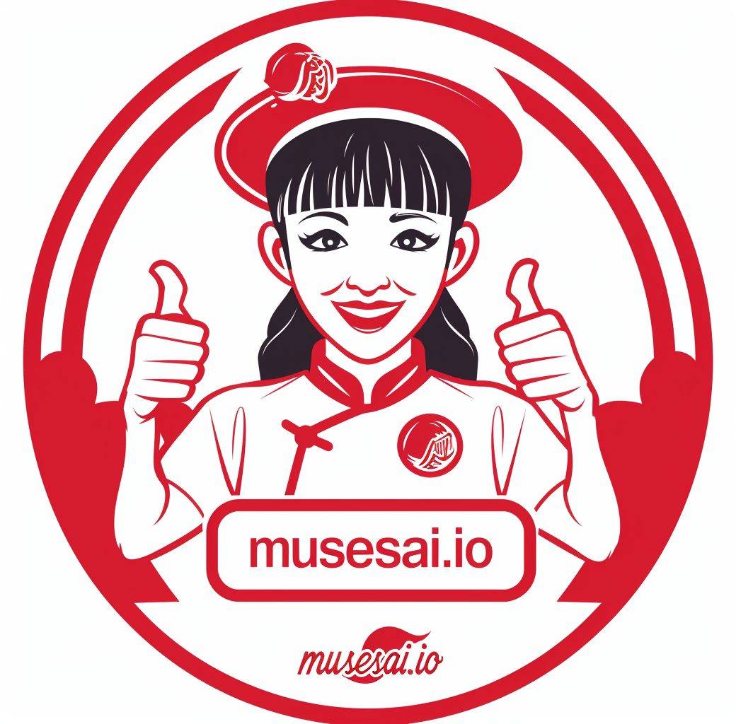 The logo consists of abstract style shapes. A Chinese girl wearing white and red sports with her hands up giving a thumbs up in the middle of a circular badge 