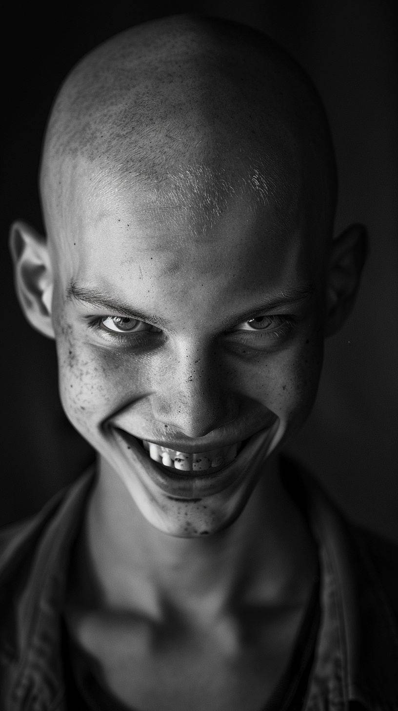 Professional photograph taken with a Canon camera, retrofuturistic scene, very close-up, young man, bald, hairless, pale complexion, light eyes, black mouth, thin, maniac smile, crazy, black background, direct frontal light, enormous contrast between black and white, ultra realistic black and white photography--style raw--aspect ratio 9:16