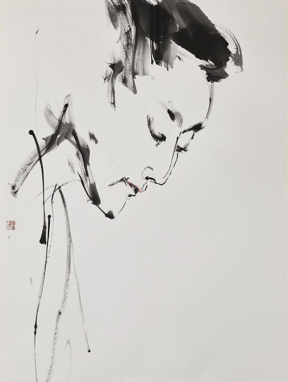 表現豊かな中国の書道スタイルで描かれた見事な墨絵、抽象的でミニマリズムだけど感性的な女性の肖像を三方向から描いています。筆触は流れるようで優雅で、優雅さとシンプルさの感覚を作り出しています。背景は微妙で自然な淡い色調で、濃い黒いインクの線によく映えています。全体的な雰囲気は静かで落ち着いており、伝統的な日本美術の調和を反映しています。