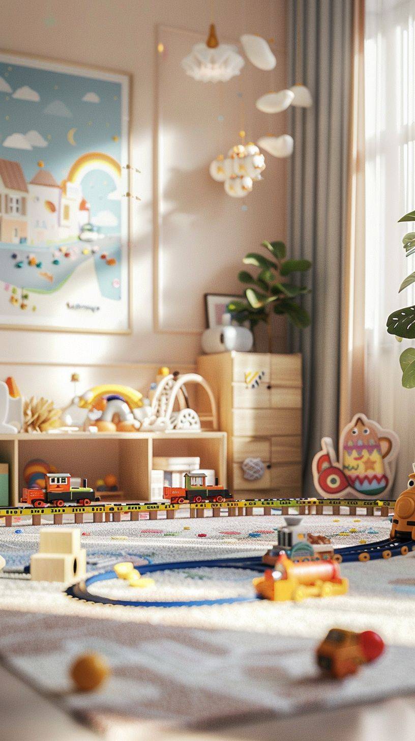 Play room, kids room, toys, children's railway in the middle of the room, bright soft colors, 2.5D, 3D art, C4D, Octane rendering, 3D render, ray tracing, clay materials, Pixar trend, POPMART blind box, coastal color palette, mockup, clean background, fine luster, Soft focus, blender, IP, best quality