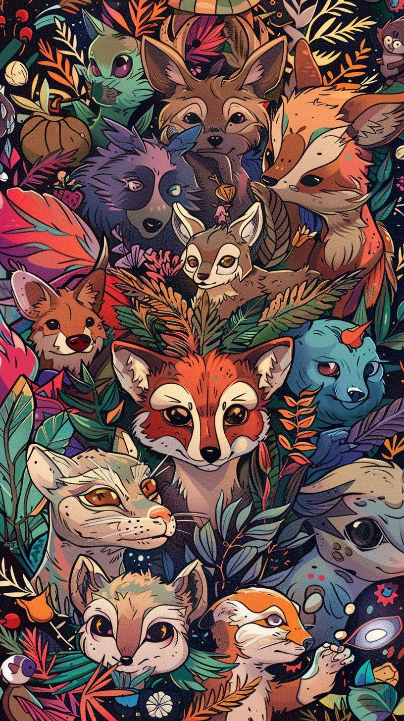 Many animals, mandala style animals, world of mandala style animals, chibi style, full color, cartoon style, lots of details, full color background, full color style, clean lines, full color.