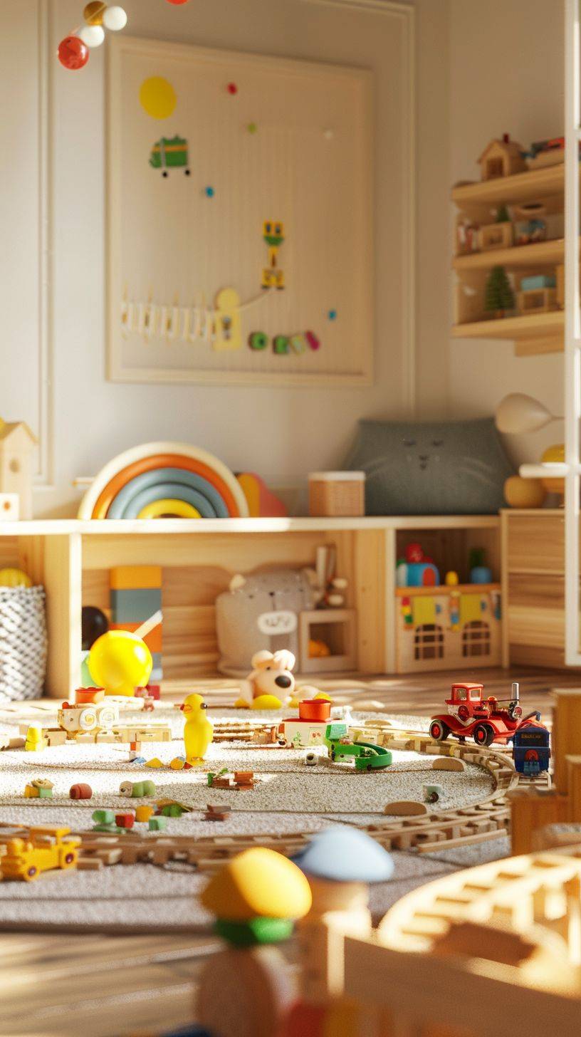 Play room, kids room, toys, children's railway in the middle of the room, bright soft colors, 2.5D, 3D art, C4D, Octane rendering, 3D render, ray tracing, clay materials, Pixar trend, POPMART blind box, coastal color palette, mockup, clean background, fine luster, Soft focus, blender, IP, best quality