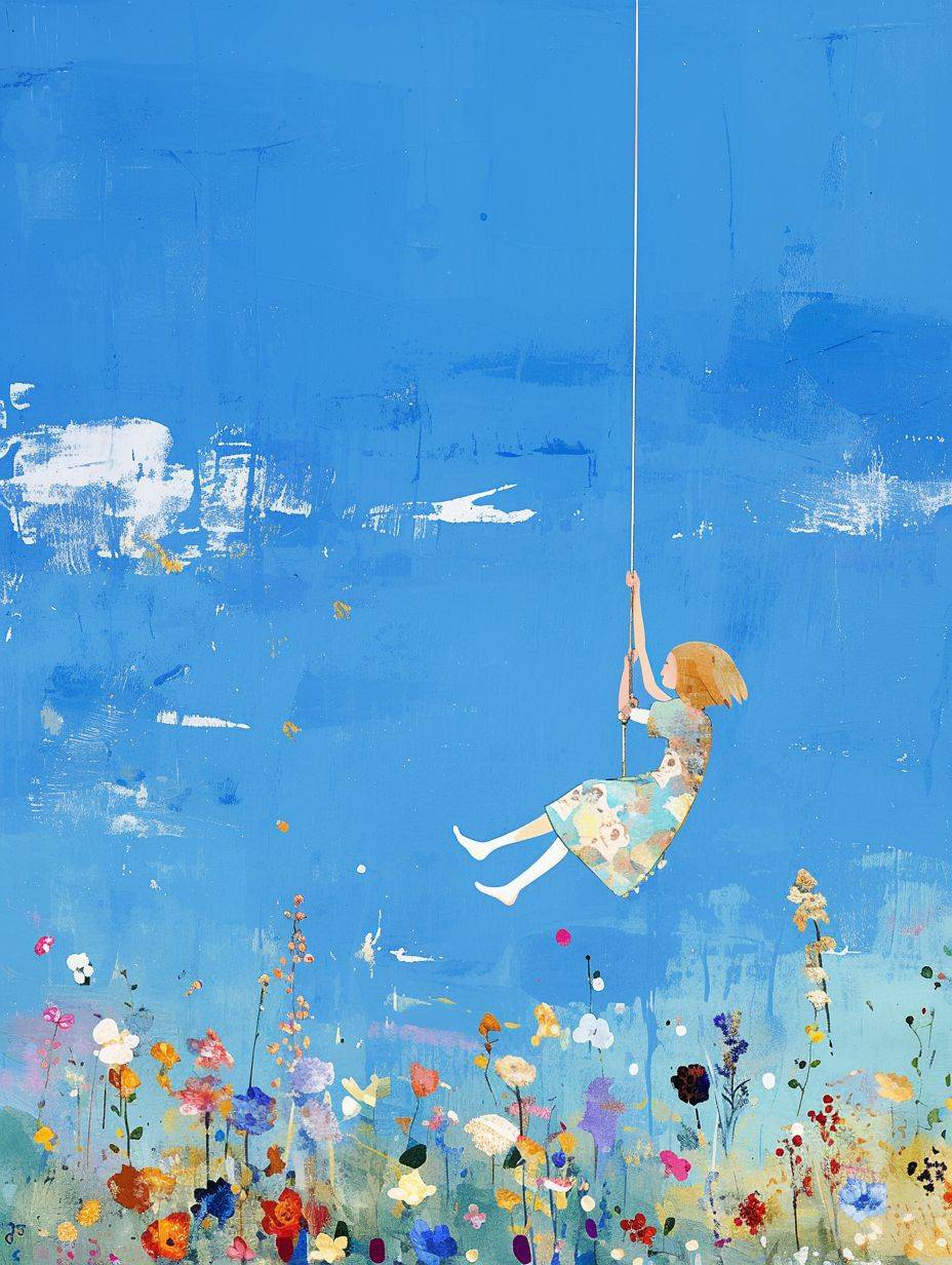 Cool cartoon girl swinging in the air, blue sky background, by Lucy Grossmith, mixed patterns, text and emoji installations