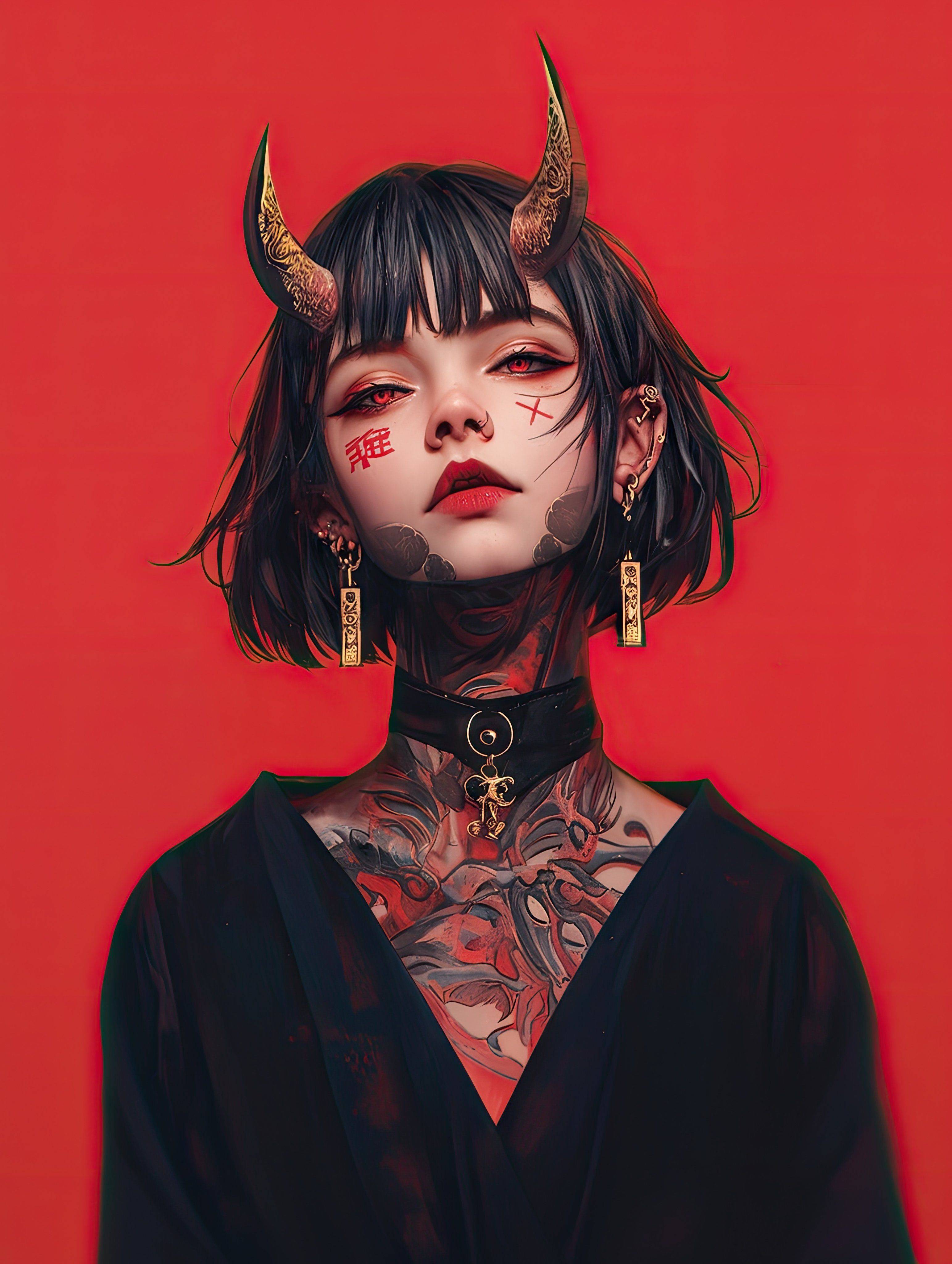 A girl with short hair and bangs with tattoos on her neck is wearing golden horns on her head against a red background, wearing black with high detail in the style of digital art, digital illustration, fantasy realism, fantasy concept art, full body portrait with a dark atmosphere, character design, character concept art in the style of anime-inspired character design, Asian aesthetics, Japanese manga, cyberpunk, 2D game art, concept art.