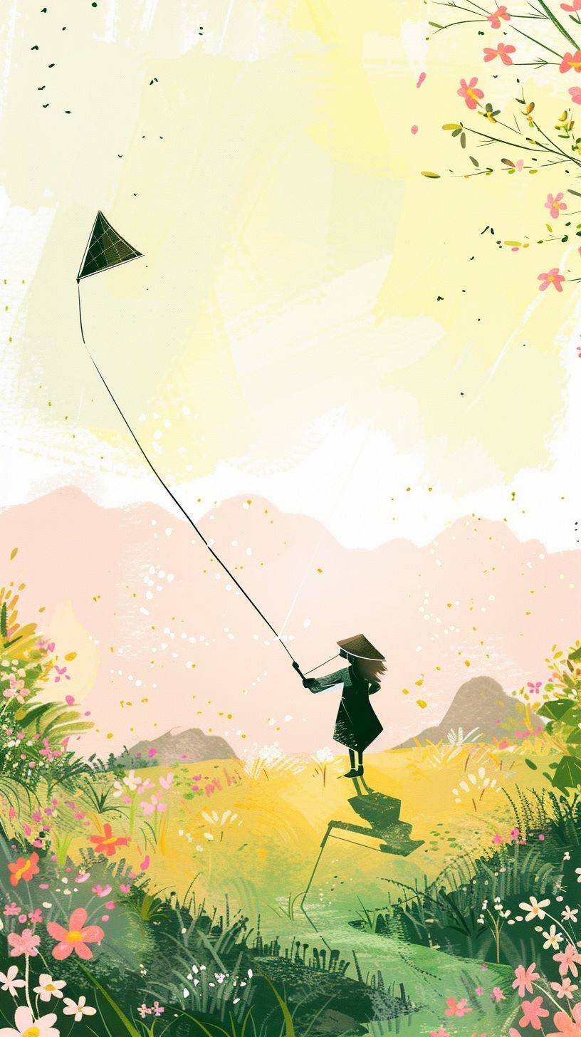 A girl is flying a kite on the green grass, flowers bloom on both sides of her path, the background is yellowish-green mountains and sky, watercolor illustration style, simple lines, children's picture book, Chinese ink painting style, pink tone, watercolor, simple strokes, minimalist art, colorful cartoon characters, illustration style, pink tone, green tones, small fresh, the sun shines down from above. A person wearing a hat stood in front of me. She was dressed in dark with long hair. There were many wildflowers blooming around.