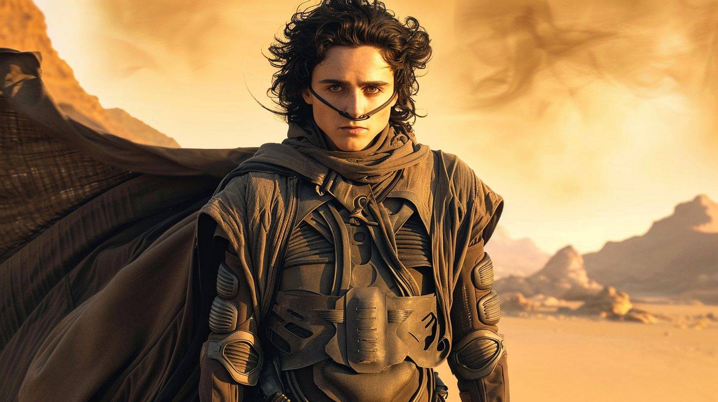 Theatrical poster of an epic scene from the movie DUNE 2. A vast desert, a full-body portrait of the young hero Paul Atreides with an ornithopter on the ground, his cape fluttering in the wind on the side. A huge sandstorm approaching in the background.