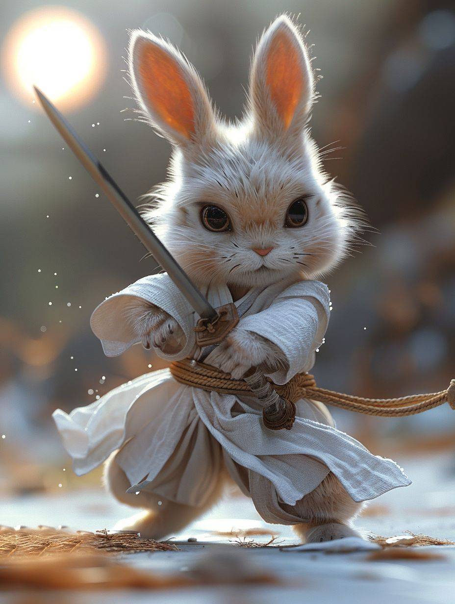 Cute, adorable, fluffy, and slender white bunny. The bunny is a Taoist immortal with a Taoist sword. Funny facial expressions, Taoist gestures and movements. The white background is white with only a moon in the upside, noting else in the background. 3D figures, elongated shapes, cartoon style, minimalist.