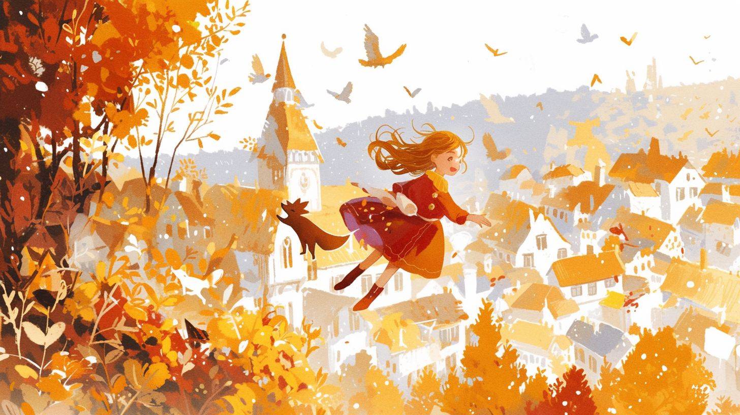 可愛らしい赤いドレスを着た少女が、街中の白い家やオレンジの木々を背景に、愛らしいペットのキツネを追いかける水彩画の風変わりなイラスト。周りには空を飛ぶ鳥がいて、絵は快活な動きを感じさせて、入念に描かれた筆づかいと鮮やかな色彩で少女の顔に焦点をあてている。絵のスタイルは印象派の絵画を連想させます--ar 16:9 --niji 6