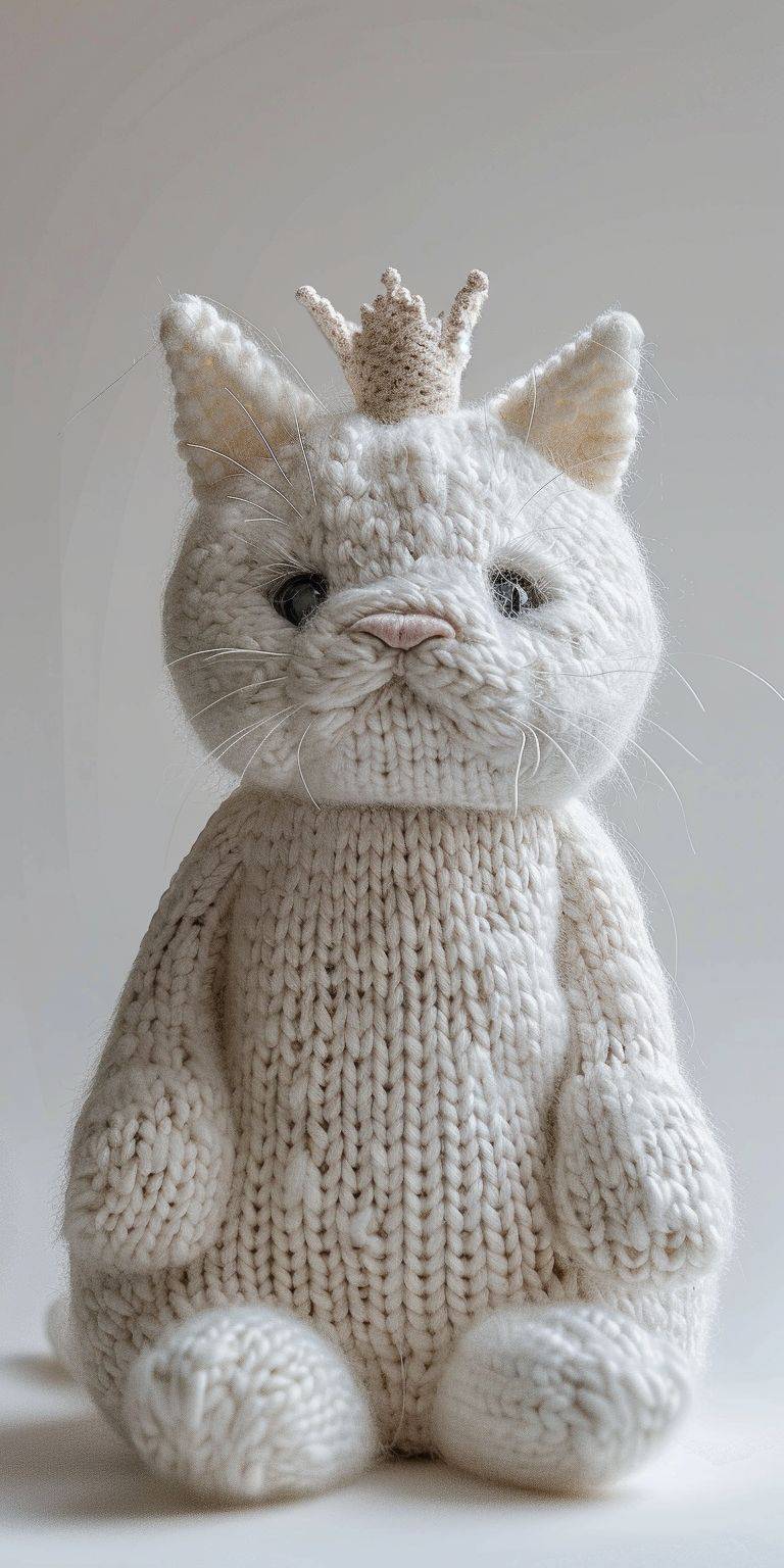 White knitted full-length cat with a cute crown on her head on a white background