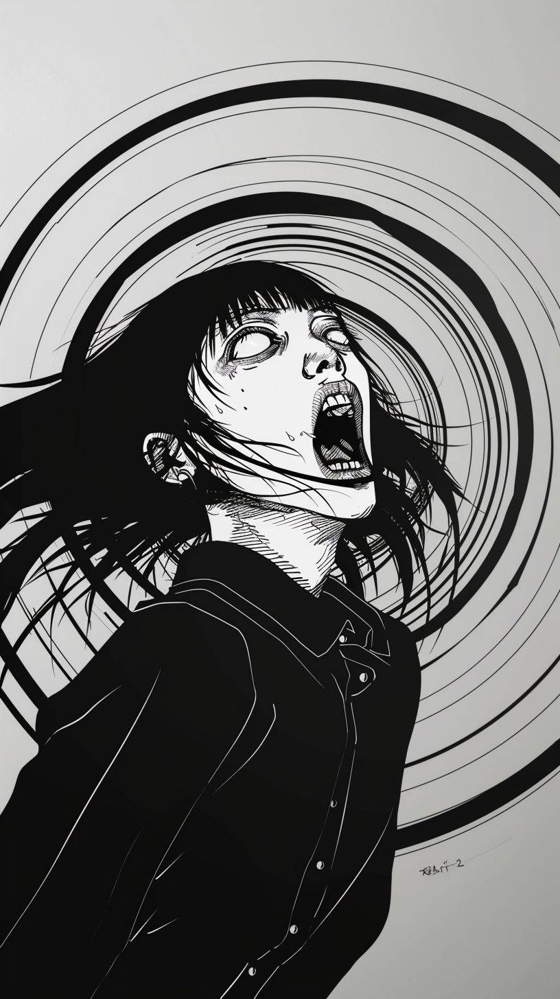 Ultra detailed minimalist realistic Japanese woman screaming with an eye at the back of her throat, horror, deathcore, style of Junji Ito, dark anime, half body, attractive, vibrant, intense, psychological horror, macabre, ultra crisp details