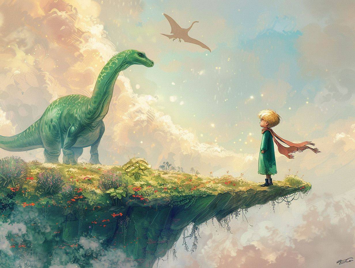 In a vast, boundless sky, dotted with soft, pastel-colored clouds, two islands float. On one island, lush with greenery and vibrant flowers, stands the Little Prince, his iconic scarf fluttering in the gentle breeze. His expression is one of wonder and curiosity as he looks across to the neighboring floating island. This island is rocky and sparse, with a few hardy plants clinging to its surface. Here, a majestic dinosaur, gentle and wise in its demeanor, gazes back at the Little Prince. The space between them is filled with a soft glow, hinting at the magical connection they share. This scene is surreal, blending the essence of Antoine de Saint-Exupéry's timeless story with the awe-inspiring majesty of prehistoric creatures, all suspended in a dreamlike sky.