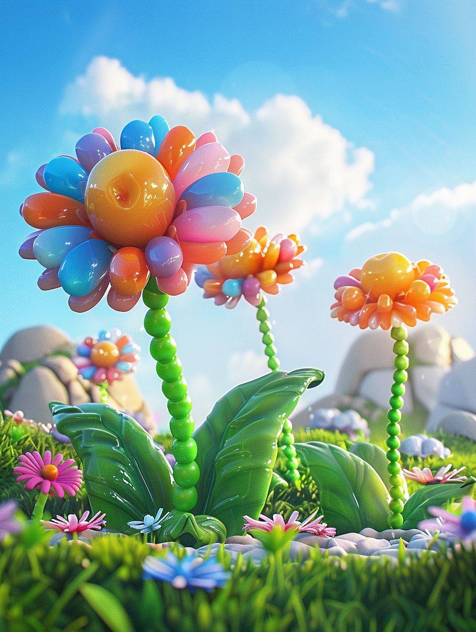 3D cartoon game scene, three flowers composed of colorful candies in the air against a background of green grass and blue sky, inspired by Pixar animation style, exaggerated shape, bright colors, exaggerated movements, clean background, artstation trend, high resolution, bright colors, use of Xin An intricately detailed inflatable flower rendered in 16K
