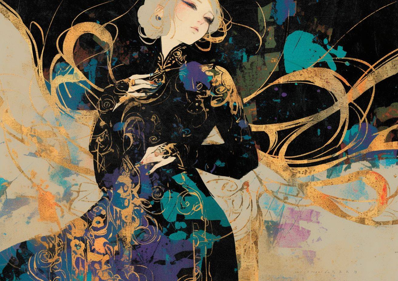 A female Magus wearing a cheongsam, color pencil, vintage aquarelle, collage effects, dabbed brushstrokes, light outlines, black background, strong visual flow