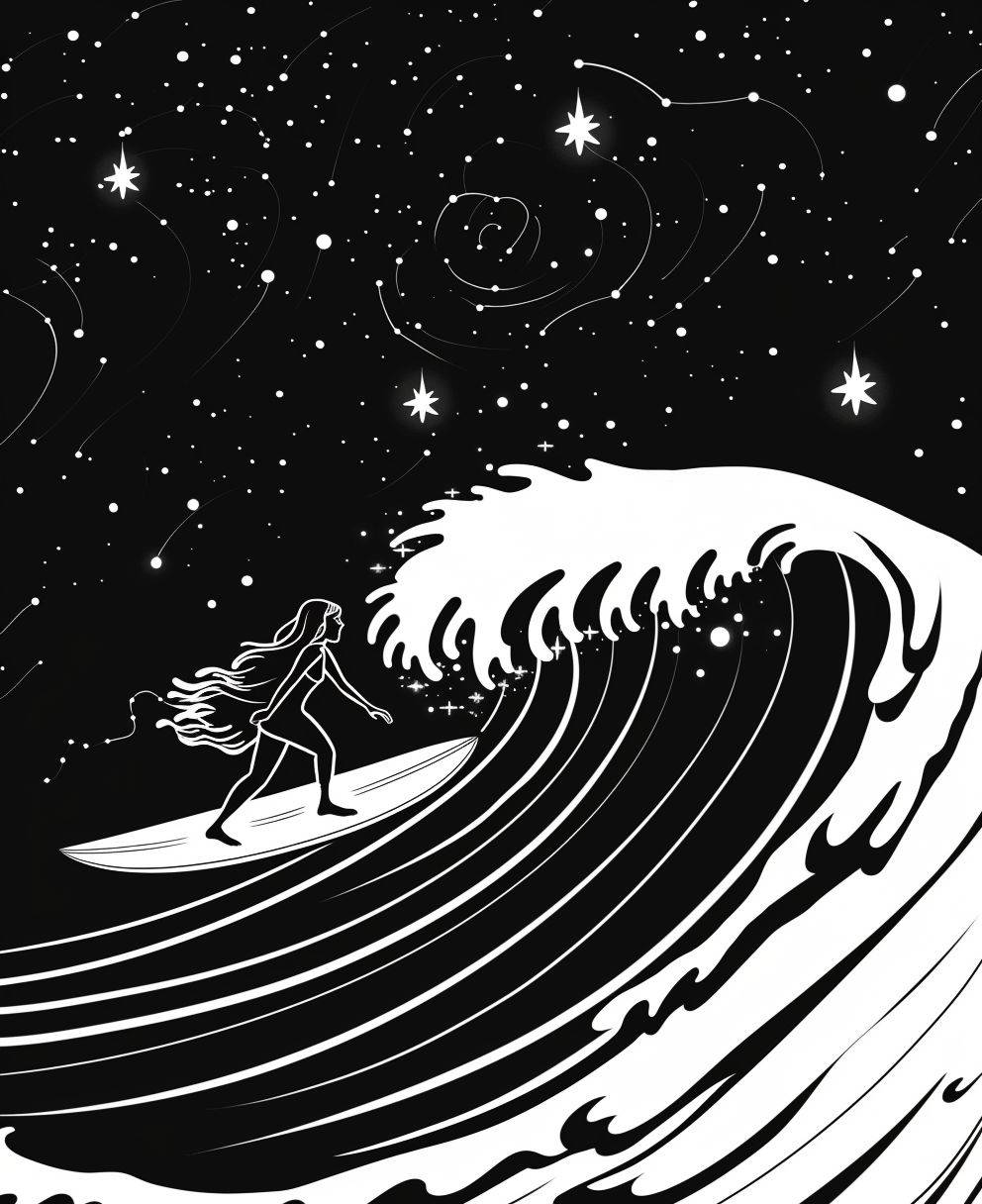 サーフボードに乗る女の子を描いたイラスト。超現実的な波、背景には輝く星があり、漫画風。太い線、細部は少なく、シェーディングやカラーはなし