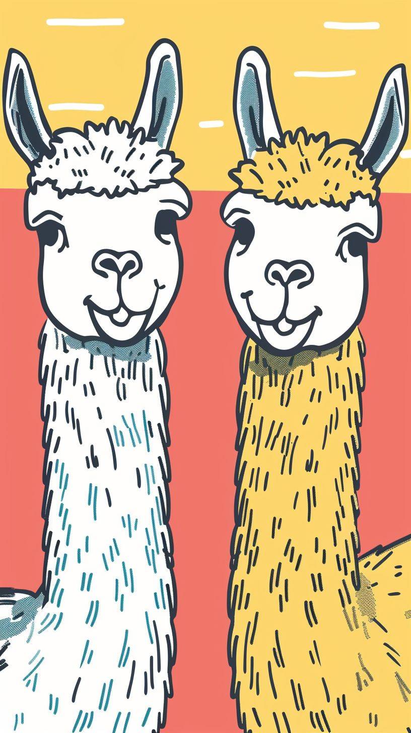 Portrait, happy young beautiful alpacas couple, close up, bold line simple vector illustration by Jean Jullien