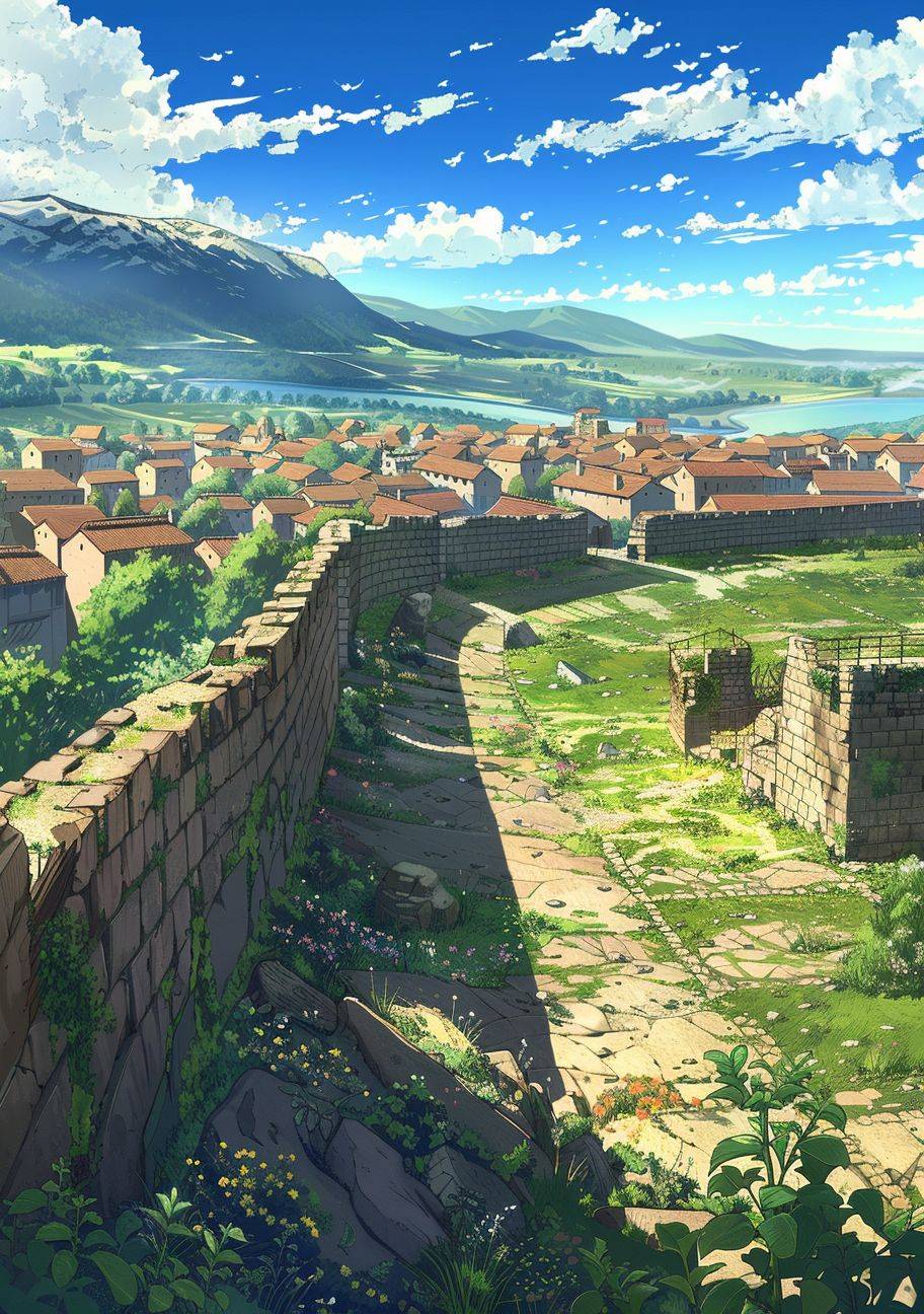 An anime-style illustration of the Roman wall overlooking an ancient city with stone walls and houses nestled among rolling hills under a blue sky. The ground is covered in weathered stones, while small wildflowers bloom along its edge. In front stands a large empty square that looks as if it could be used for military gatherings or public events. A river flows behind the cityscape, adding to the picturesque landscape. This illustration is in the style of an anime artist.