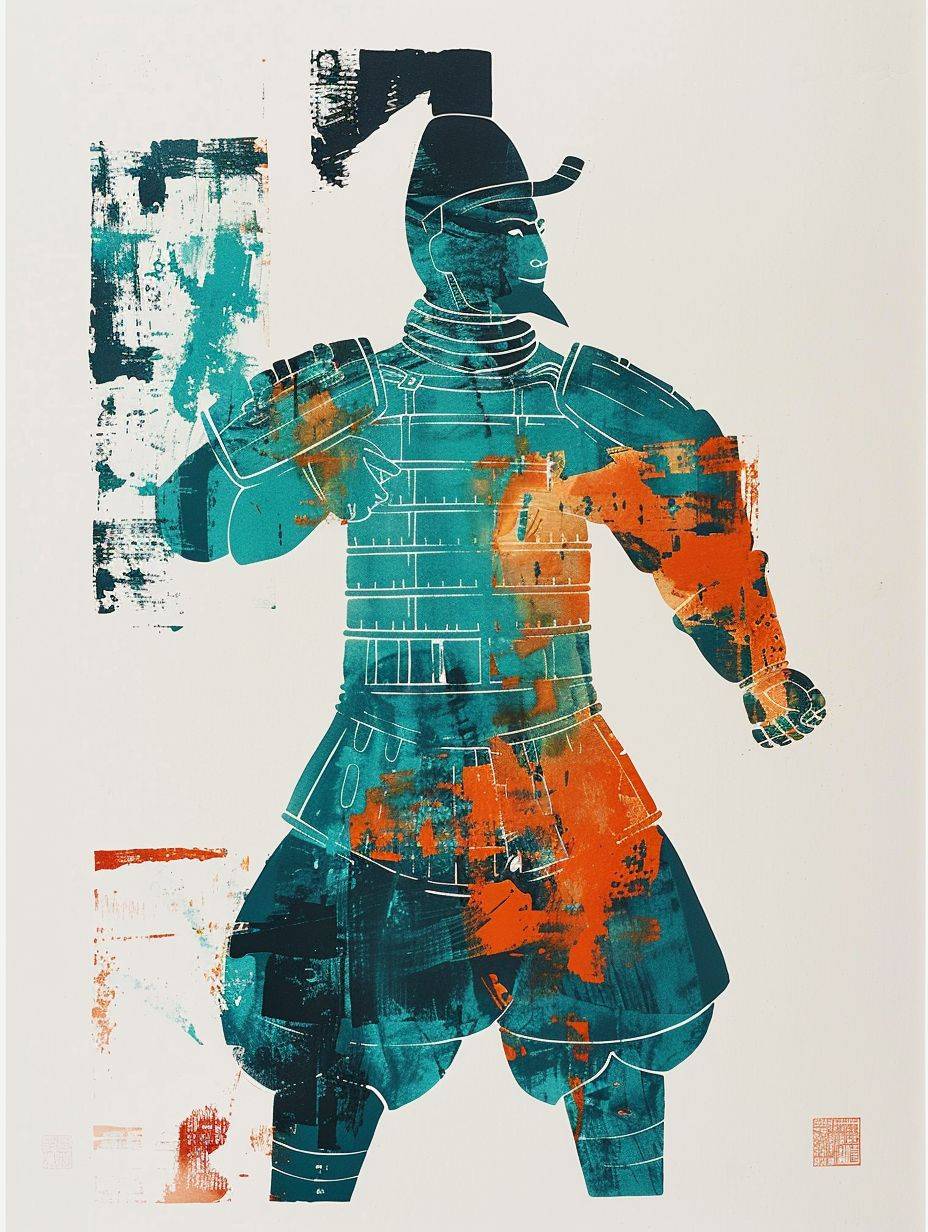 An image of ancient Chinese warrior figure composed of geometric shapes, turquoise color combination, monotype, ink post stamp, dye-transfer, cartoon, white background -- aspect ratio 3:4