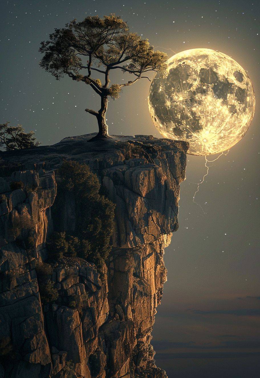 満月、崖の先の木、ファンタジー、写実的なスタイルのウルトラリアルな写真 --ar 11:16