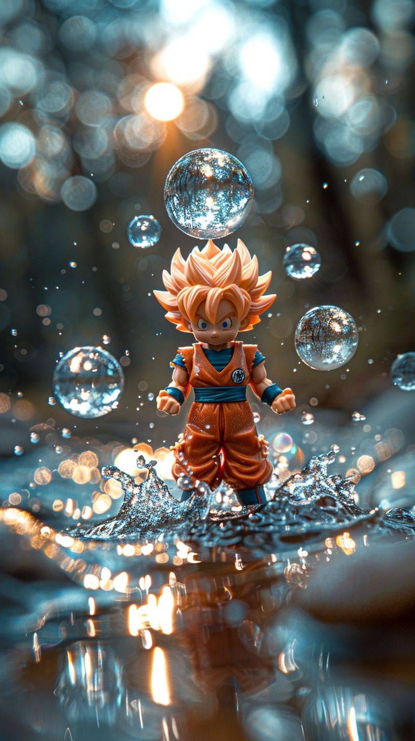 Photography of Mini Figures in exaggerated actions like Son Goku, exploring in a seasonal fashion photography style with frequent use of light backgrounds, minimalist style, subersanpatnaik's innovative page design on Unreal Engine 5, soft color blend, the super cool and Akira Toriyama's style found in Dragon Ball, featuring Kakarotto, making wishes, creating waves, ultrawide shots, top views, up views, high angle views, third-person perspective, full-length shots, extreme close-ups, profiles, first-person views, Pop art, colorful color matching, 8K resolution, Ultra HD pictures, picture-perfect captures, emphasizing fine details, street scenery, Steampunk cityscapes, Steampunk, Minimalist, realistic depictions with full details, Etching, and Matte effects