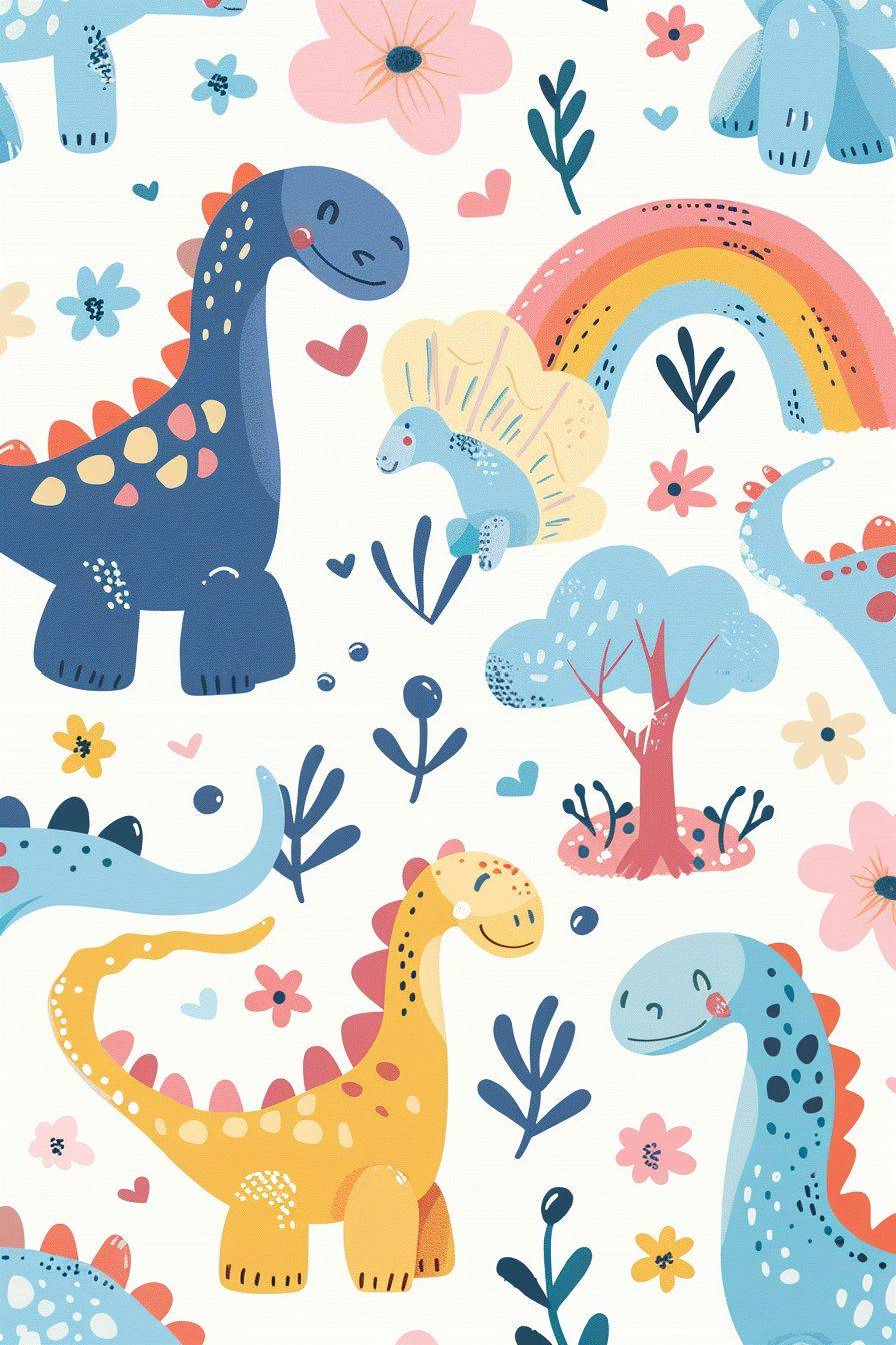 A cute kawaii design featuring dinosaurs, clouds, flowers, trees, rainbows and dinosaur patterns in a minimalistic illustration style similar to Crayon doodle drawing Artwork.
