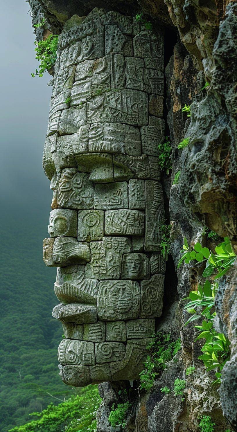 Greek style sculpture, East African King's Head on the side of the mountain, close up, lush safari scenery around.