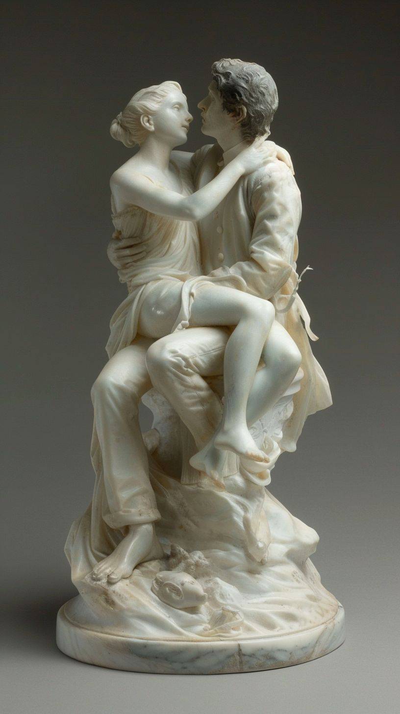 Imagine an exquisite white marble sculpture depicting a tender and affectionate scene. In this portrayal, a male figure is seated, and atop his knee, a female figure is gracefully positioned. Both figures share a gentle and heartfelt gaze, exchanging warm smiles that radiate affection. The male figure gazes up at the female figure with a look of admiration and adoration, creating a dynamic that enhances the sense of connection and intimacy. The craftsmanship of the pure white marble accentuates the beauty of the moment, capturing the timeless essence of love and mutual admiration.