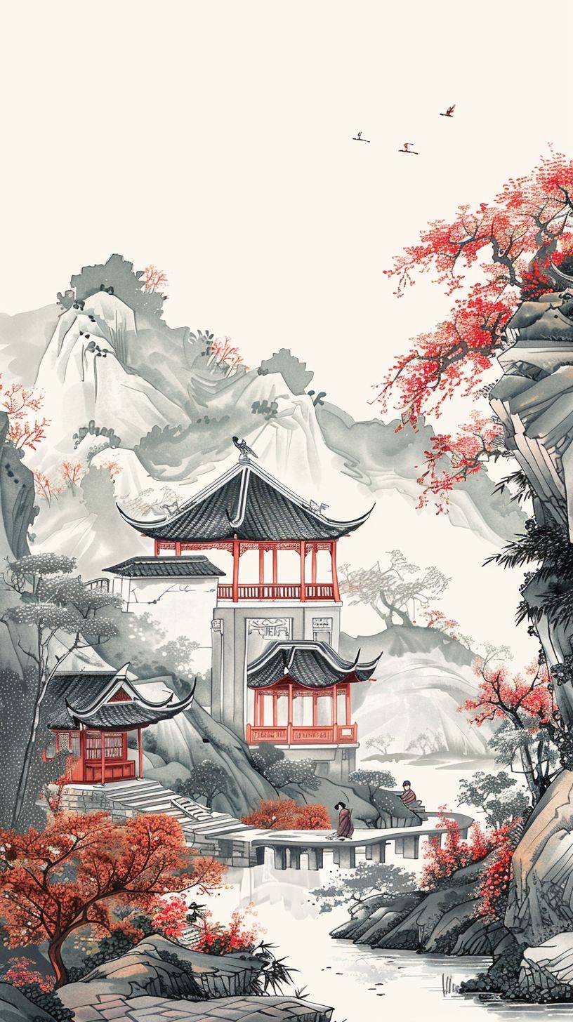 A Chinese landscape painting with pavilions, colorful, single characters, ink stamps, Keith Haring-style graffiti, cartoons, white background, sharp illustrations, bold lines and solid colors, simple details, minimalism, 3k, --ar 3:4 --ar 9:16