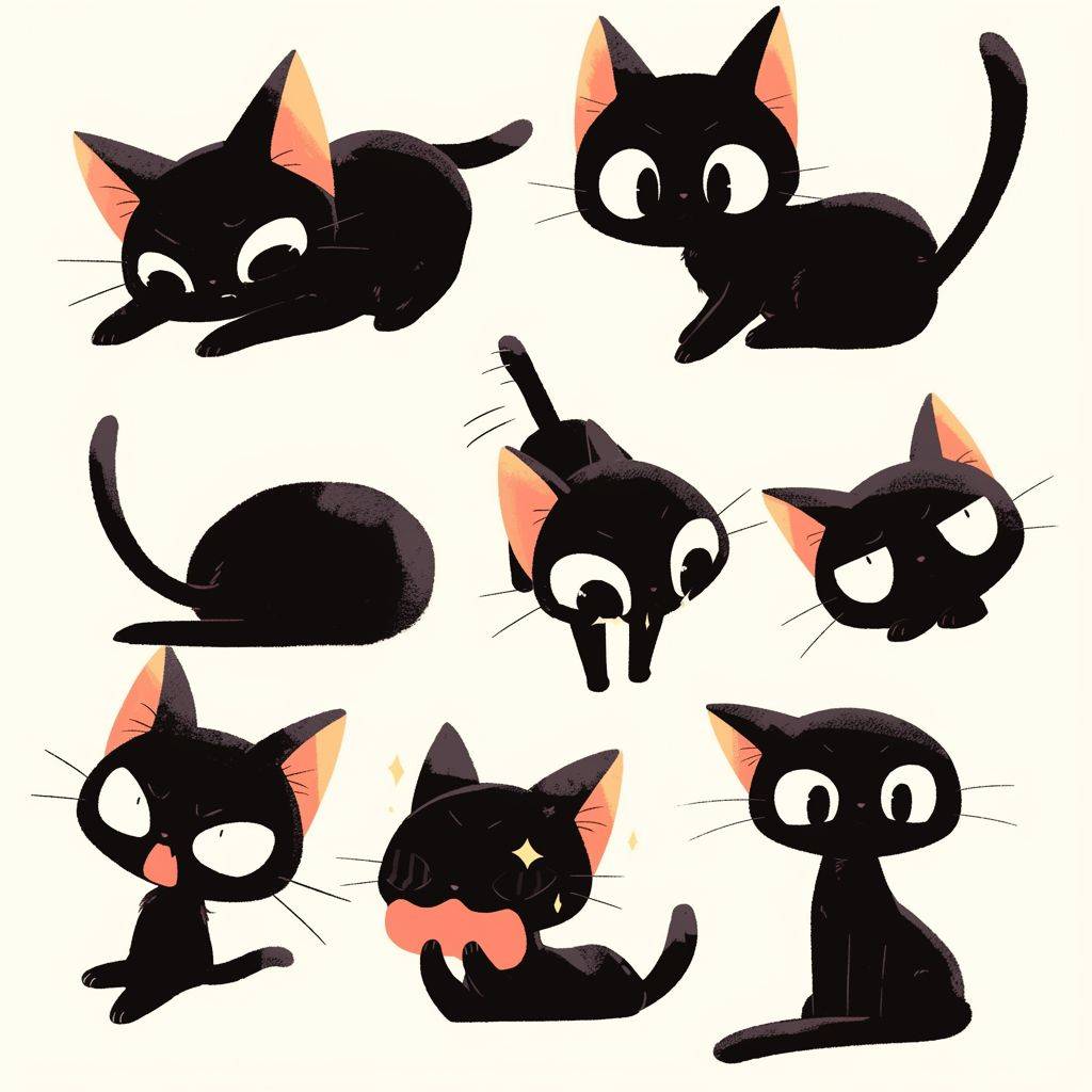 A cute black cat with multiple poses and expressions, drawn in line drawing style with dark white and light beige colors, loose and simple gestures, simple line work, lacquer painting, and thick texture. The style is cute, presented as an emoji illustration set with bold manga line style and dynamic poses.