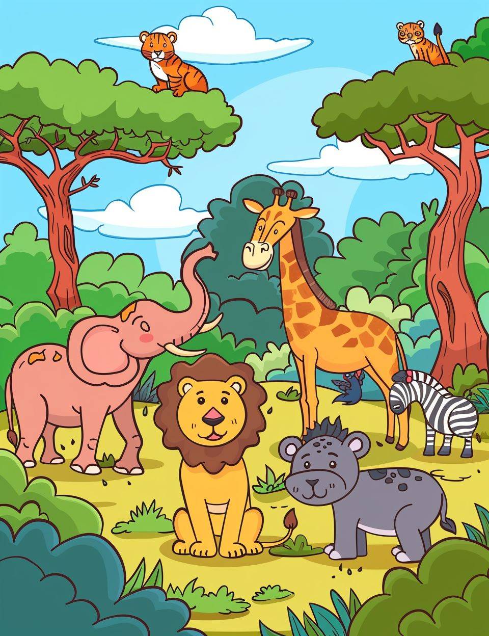 Generate a cartoon-style image of an African bush with happy wild animals, elephant, giraffe, lion, zebra, clean line art, no shading, use vibrant colors.