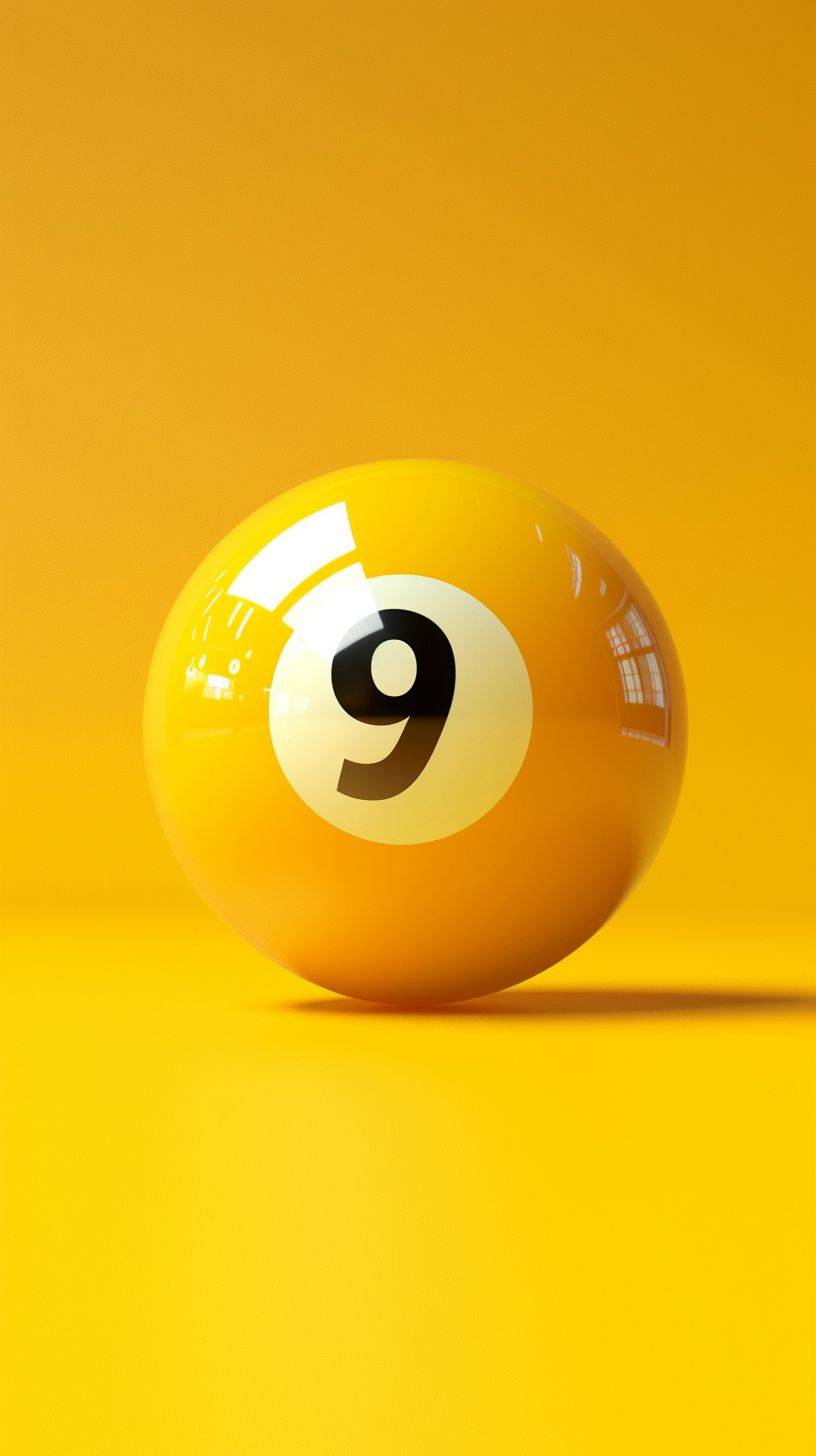 3Dの9番イエロービリヤードボールが浮かんでおり、高い金属の台の上にあり、黄色の背景です--スタイルは生--アスペクト比9:16