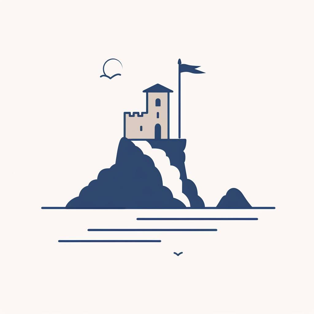 Create a single, extremely simple and minimalistic logo for rent-lloret.com, offering apartment rentals in Lloret de Mar. An old castle sits on top of the ocean in Lloret de Mar. The design should be neutral and monochromatic, reflecting a minimalistic approach with a professional and trustworthy image suitable for the real estate market. Emphasize the concept with a single color, possibly through an abstract representation of waves or the sun, to suggest the coastal location while maintaining simplicity and universality.