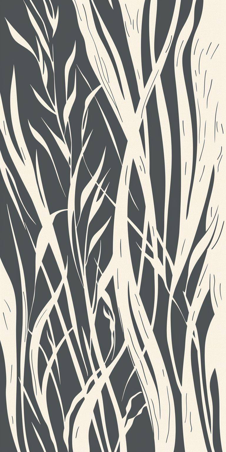 An artful, minimalist design of smooth cord grass (Spartina alterniflora) swaying in the breeze. Depicted in curved lines of dark grey and white, with the background removed. In the style of a linoleum print. The design evokes the easy, graceful beauty of the natural world.