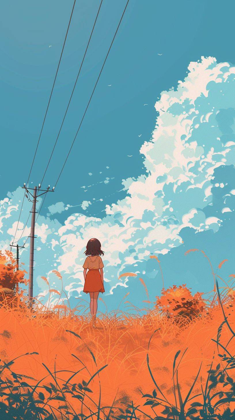 Hayao Miyazaki, comic style, book illustration, harmless, positive atmosphere, daytime, orange and sky blue style, one girl, cute girl