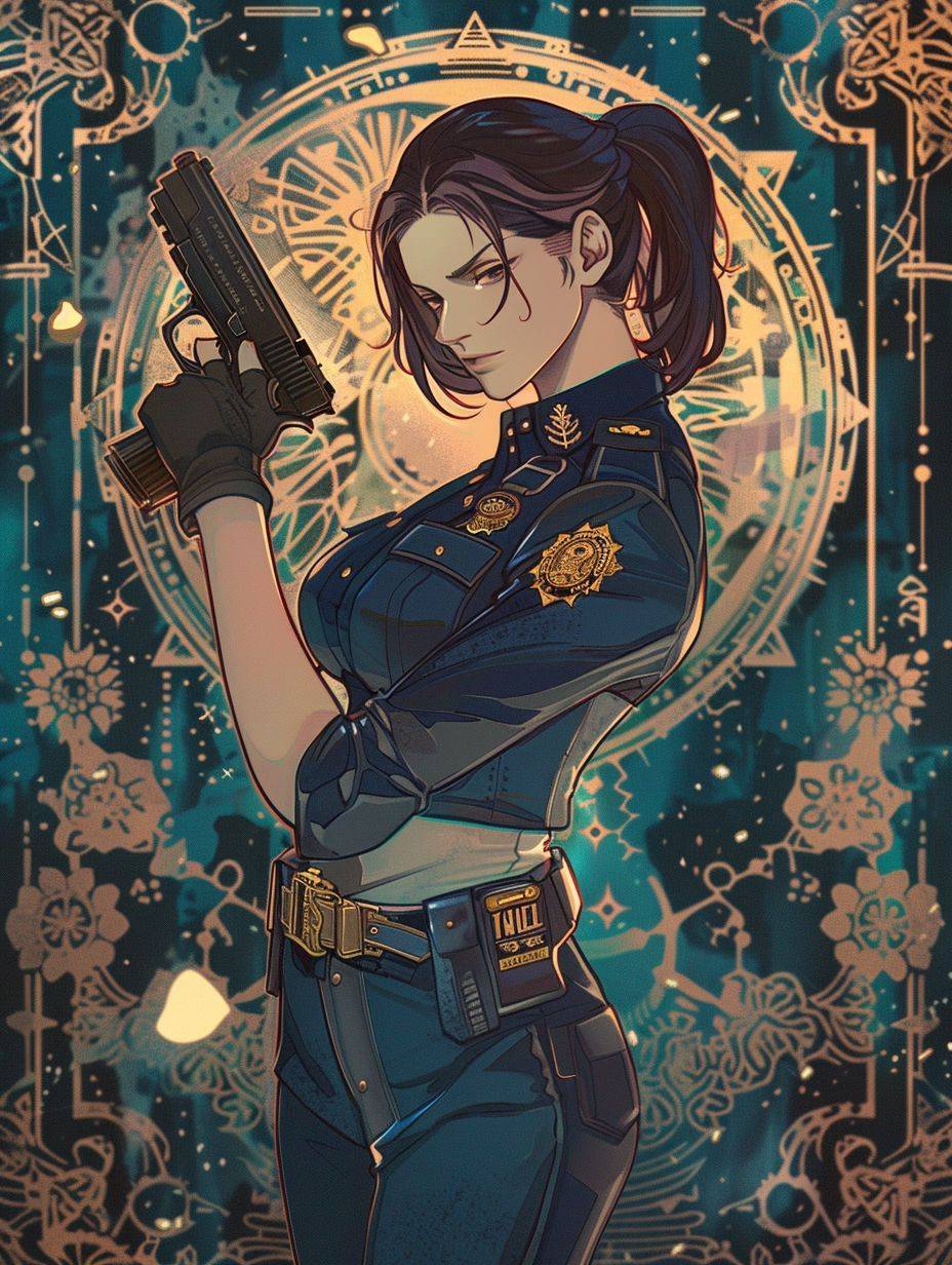 In the style of Alphonse Mucha's art nouveau poster illustration, an enigmatic Jill Valentine from Resident Evil, with a determined stance, wearing her S.T.A.R.S. uniform made of bravery and resilience, holding a handgun and surrounded by viral strain patterns. The illustration also features intricate stained glass details. The background has an ethereal glow and ornate patterns representing the biohazardous world she fights against.