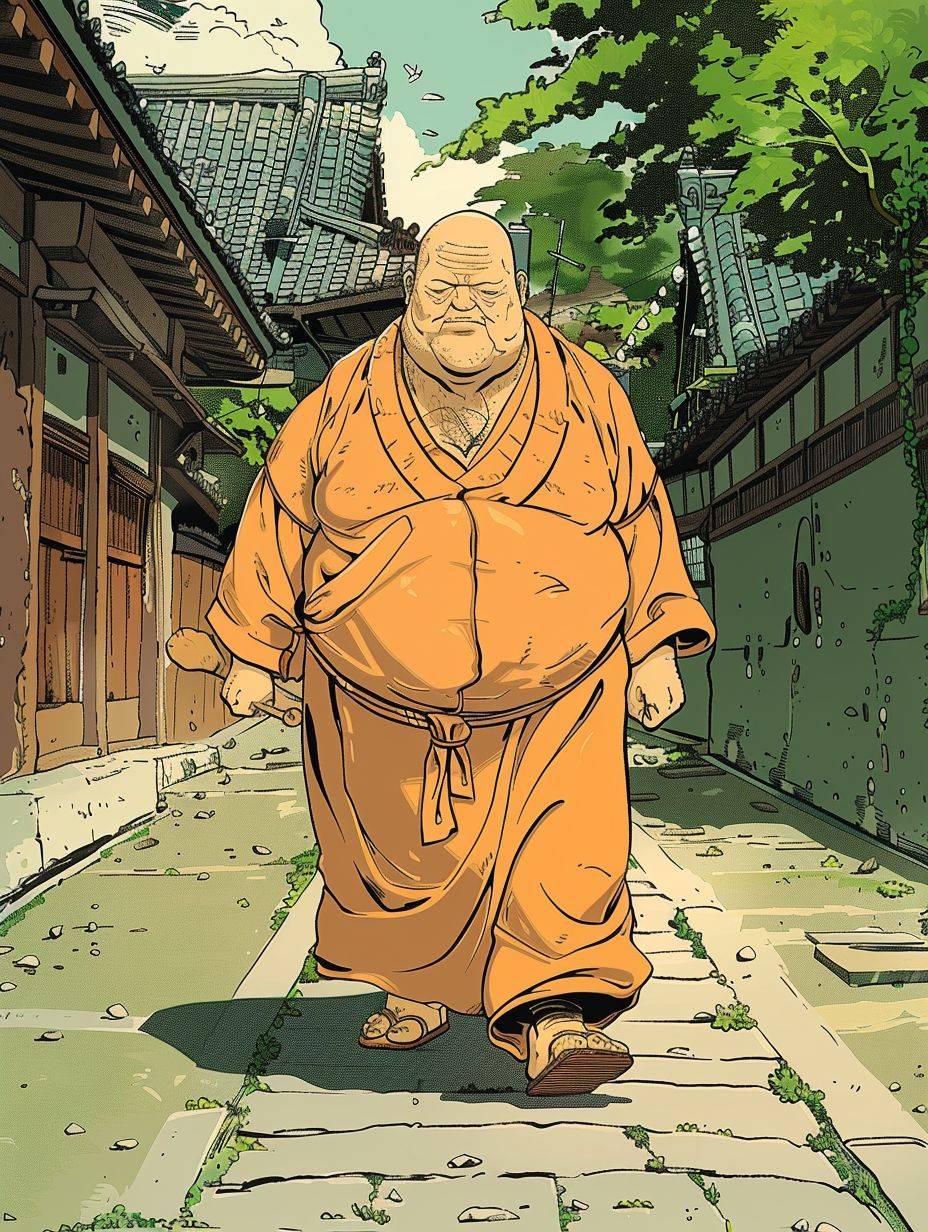 This is a scene from a webcomic featuring a slightly overweight monk who has chosen the monastic life after getting too exhausted from corporate work. The image captures the essence of his peaceful yet humorous journey into monkhood.