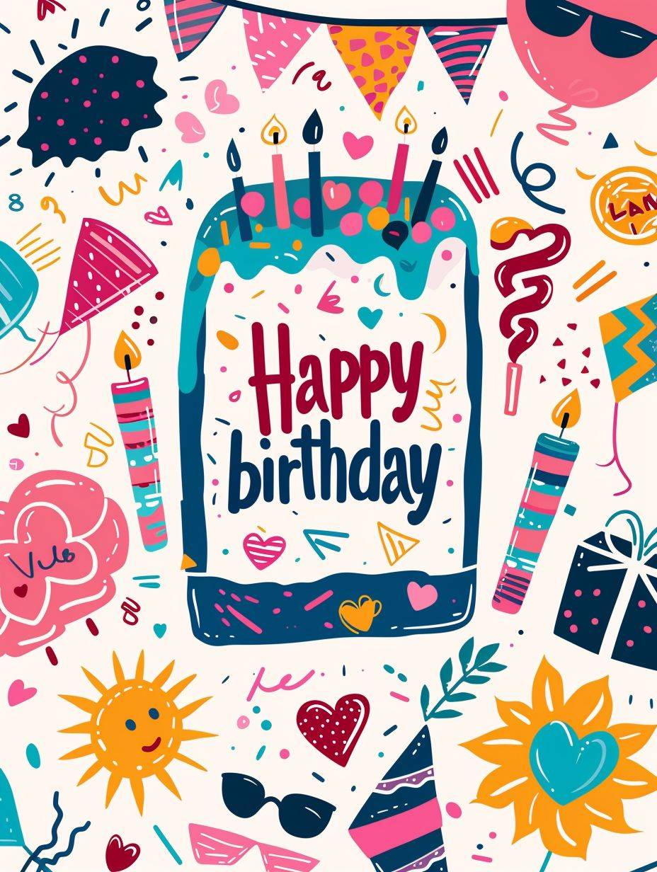 Poster design, pastel and bold colors, minimalist and flat, cute ink and flat colors, the icon of birthday party symbols, contains: sun, birthday cake, candle, heart, colorful flags, flower, balloon, gift box, party hat, sunglasses, with the title 'Happy birthday', cute stickers, bold color palette