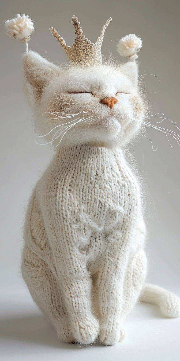 White knitted full-length cat with a cute crown on her head on a white background