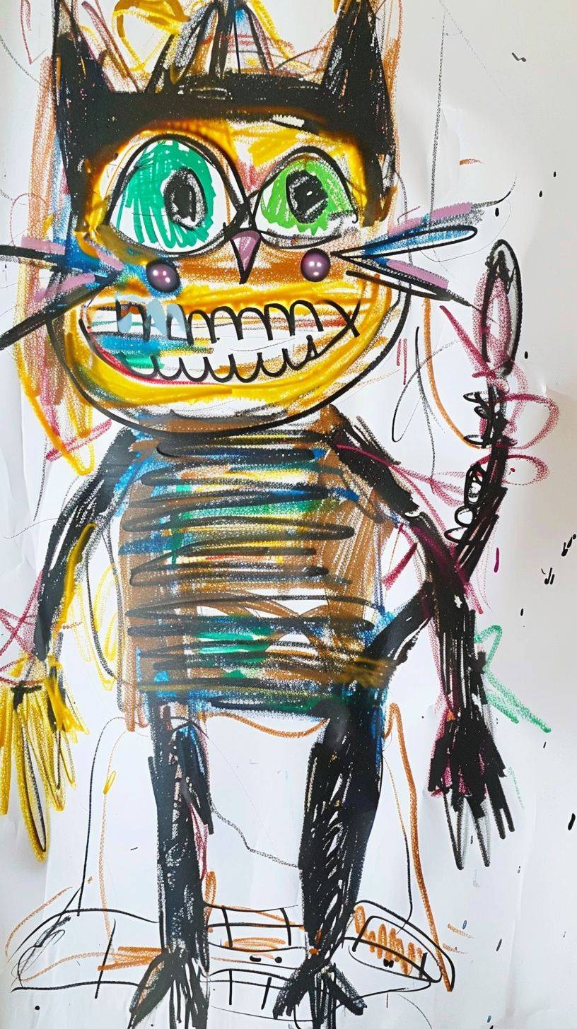 A 4-year-old's basic scribbly outline of a colourful, crude, juvenile crayon drawing of a cat on plain white paper. A happy, smiling monster with yellow and green eyes and sharp teeth, wearing a gold costume with black stripes in the style of minimalistic lines, a full body portrait on the wall.