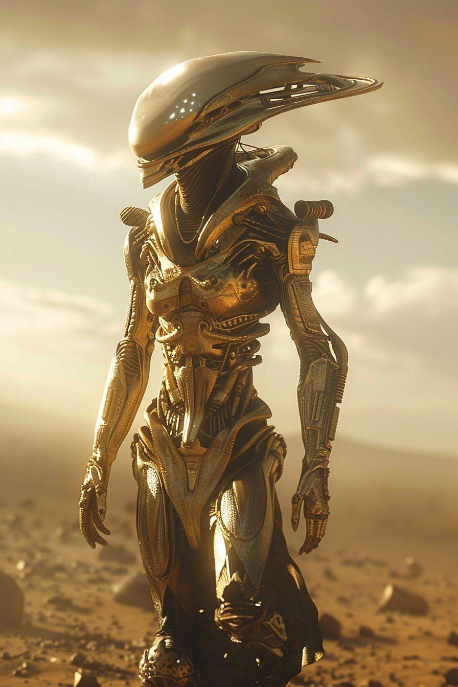 Alien creature in desert art HD, in the style of futuristic glamour, dark beige and gold, low depth of field, solarpunk, surrealistic poses, expansive skies, captivating ::1 , an alien woman walking in the desert, in the style of elaborate spacecrafts, highly detailed figures, depth of field, craola, light bronze and gold, , realistic figures ::1